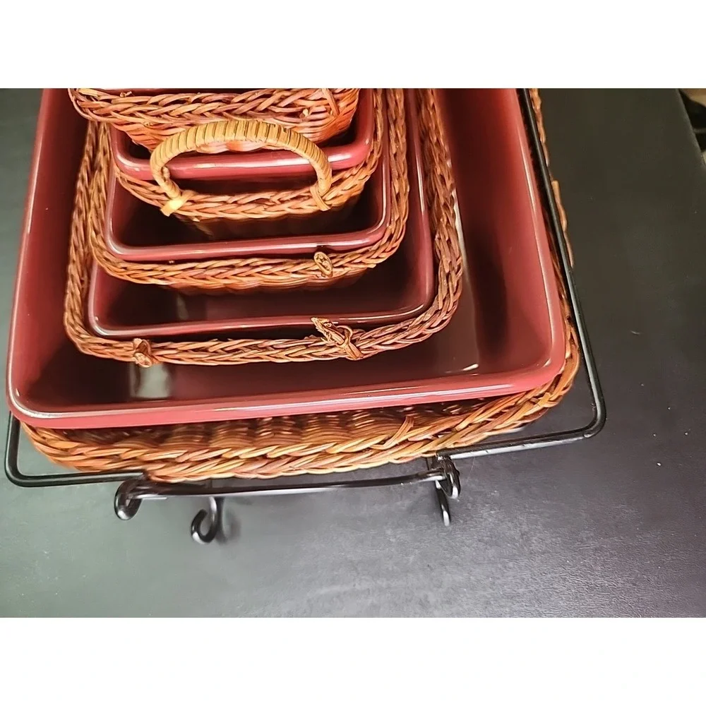 New Temptations RED Stone Casserole Bakeware Dish Set w/Handled Baskets
